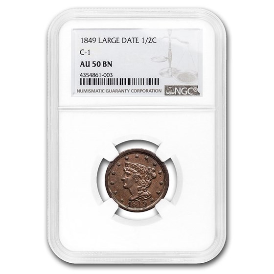 1849 Half Cent Large Date AU-50 NGC (Brown) 1849 Half Cent Large Date AU-50 NGC (Brown)
